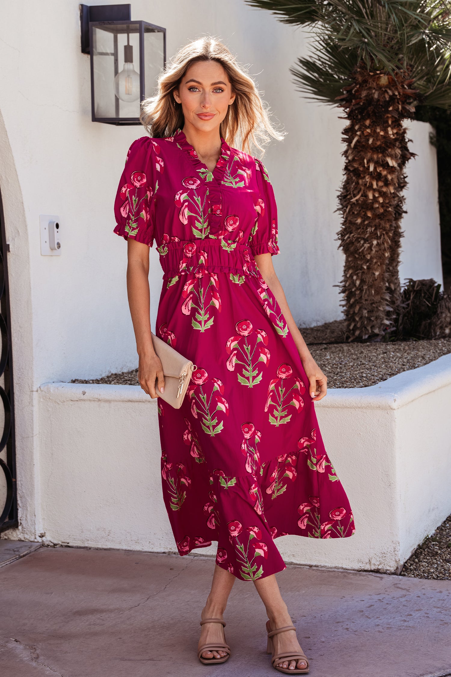 Red Floral Print Frilled V Neck Short Sleeve Ruffle Maxi Dress
