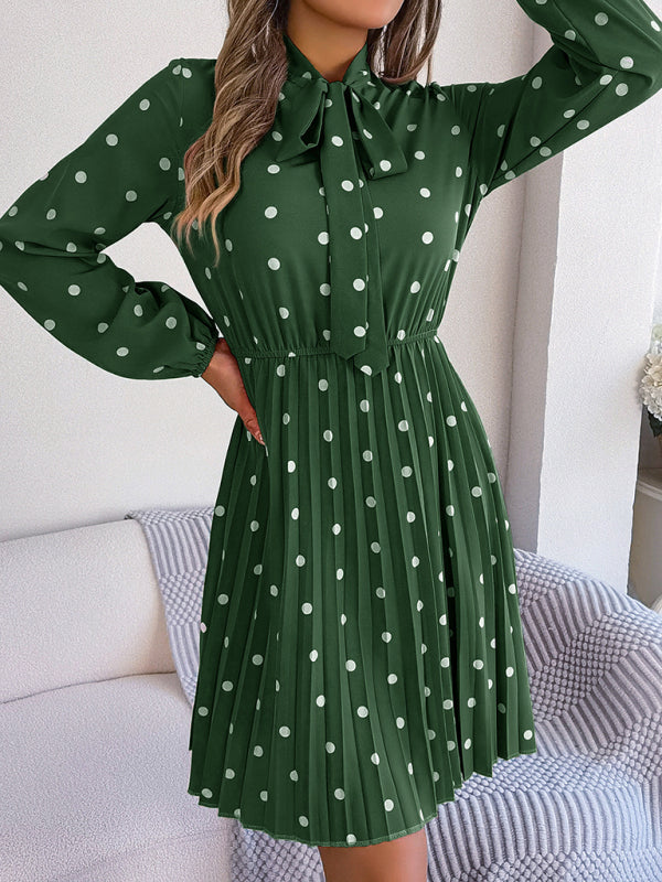 Elegant Polka-Dot Lace-Up Waist Long-Sleeved Pleated Skirt