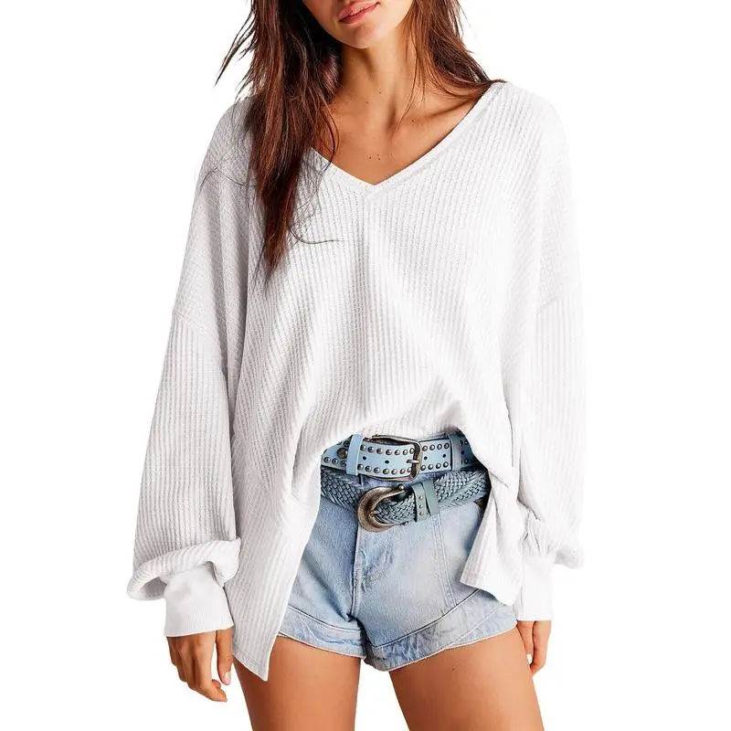 Women's Waffle Knit V-Neck Oversized Sweater