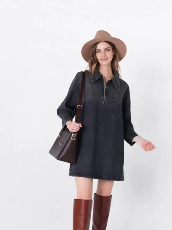 Women's Denim Dress Half-Zip Collared Vintage Washed Blue Loose Fit Long Sleeve