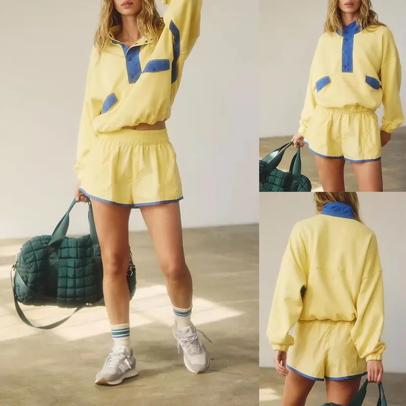 Tanming Women's Two Piece Short Sets SummerLounge Sweatsuits Long Sleeve Outfits TravelTracksuit with Pocket Summer 2 Piece MatchingSets Women Clothes Casual Yellow ComfortFitted Vneck Rodeo Outfits Womenswear