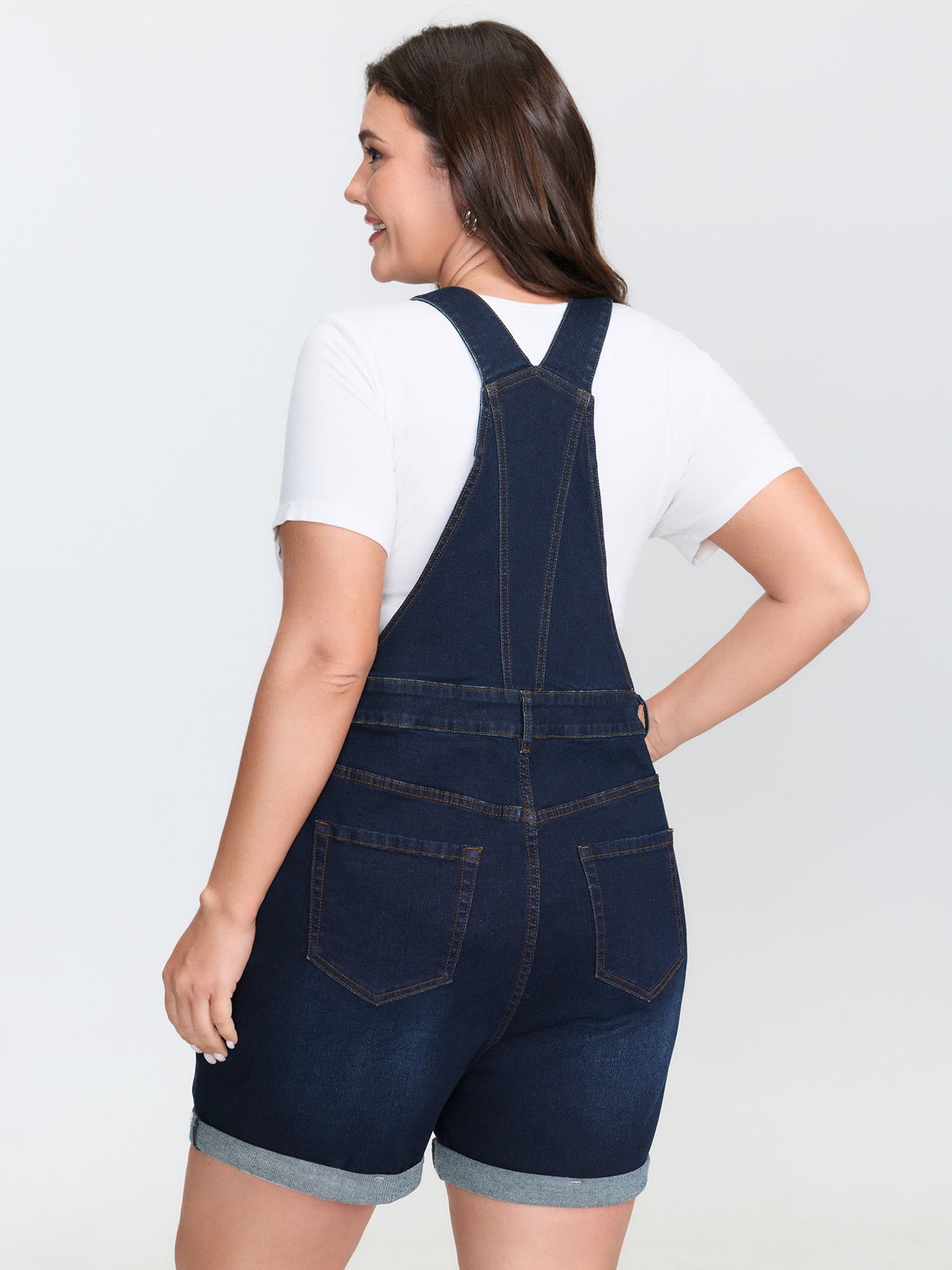 Stretchy Straight-Leg Denim Overall Jumpsuit