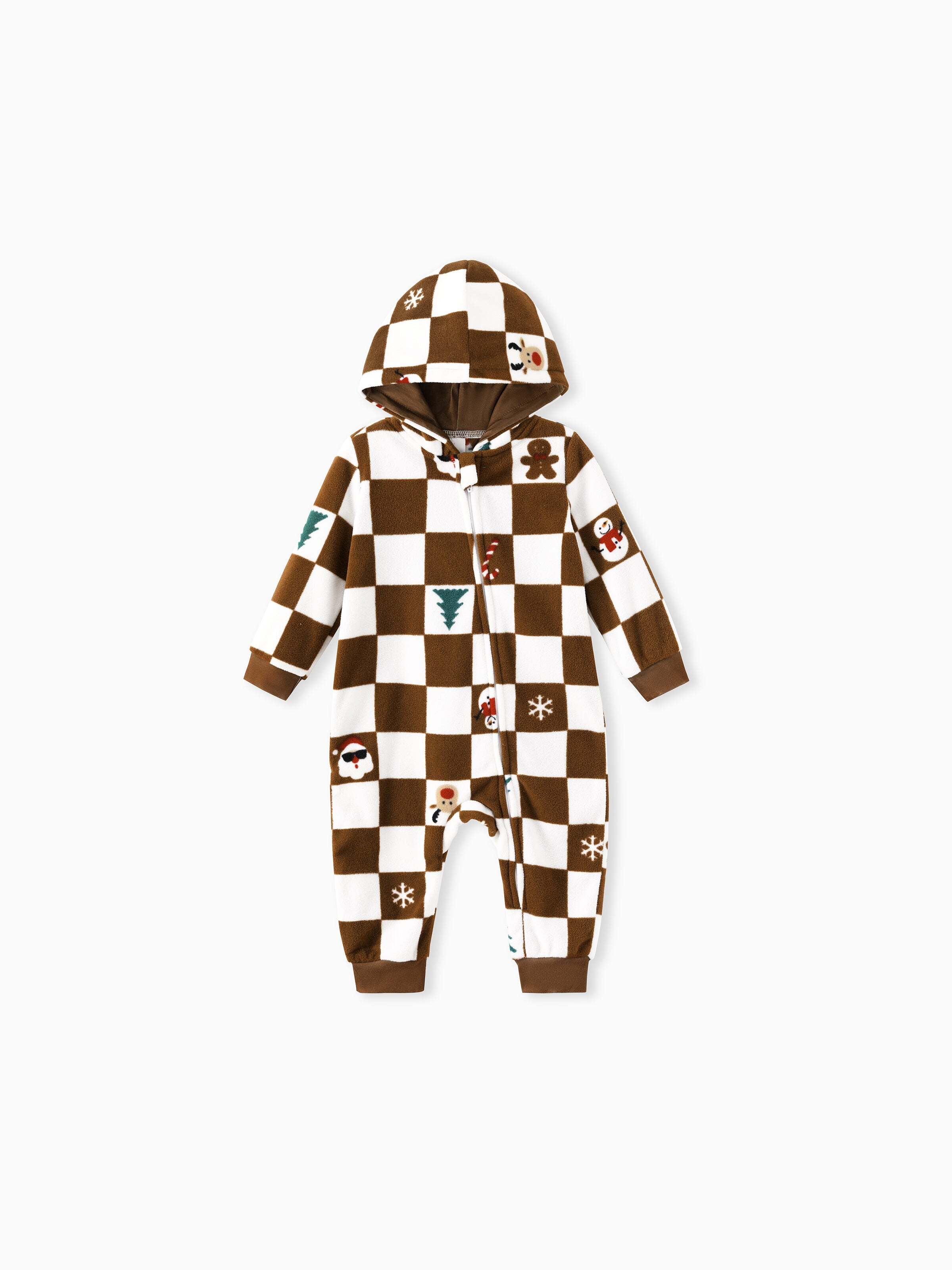 Christmas Onesies Matching Family Fleece Hoodie Pajamas Set Gingerbread Christmas-theme Plaid Print PJS with Christmas Socks Color block