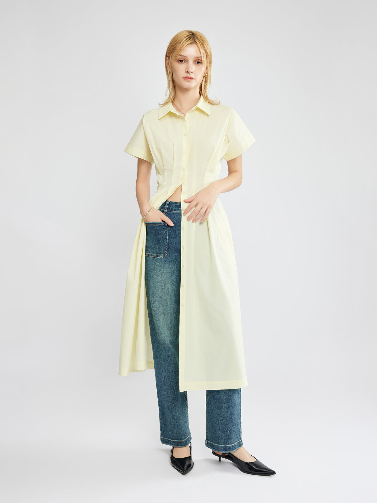 ASOBIO Button-Front Pleated Midi Shirt Dress