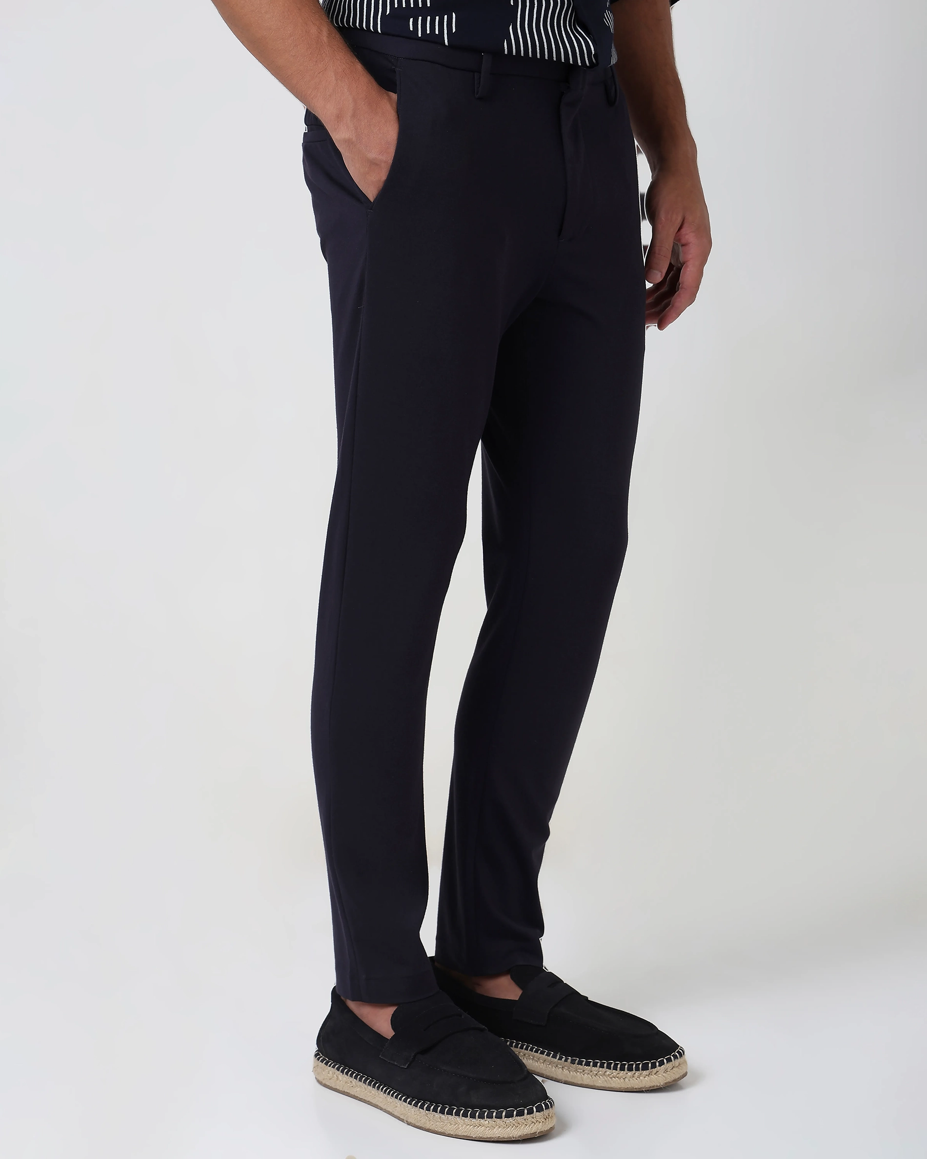 Classic Versatile Soft Slim-Fit Straight-Leg Navy Trousers