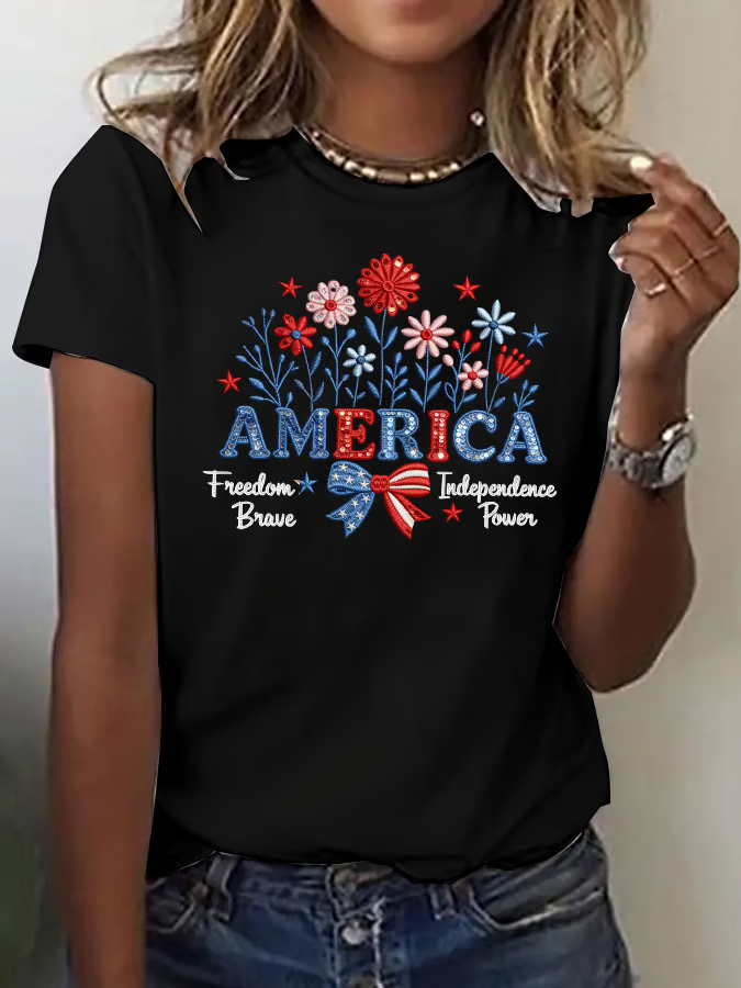 America Freedom Floral Graphic Tee with Patriotic Bow