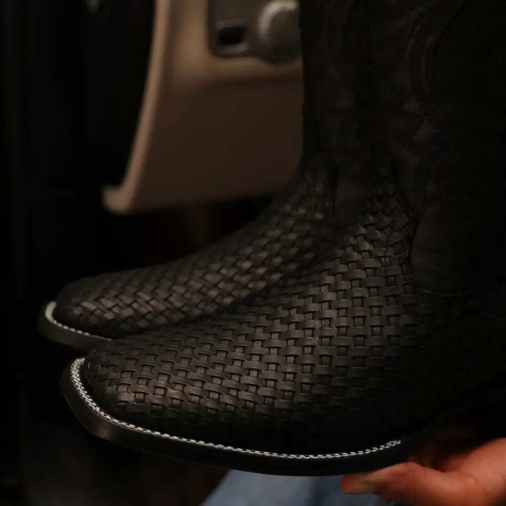 Black Basketweave Leather Boots — Square Toe
