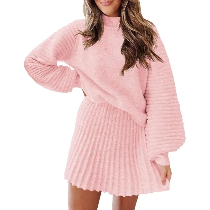 Women's long-sleeved sweater and mini skirt two-piece set