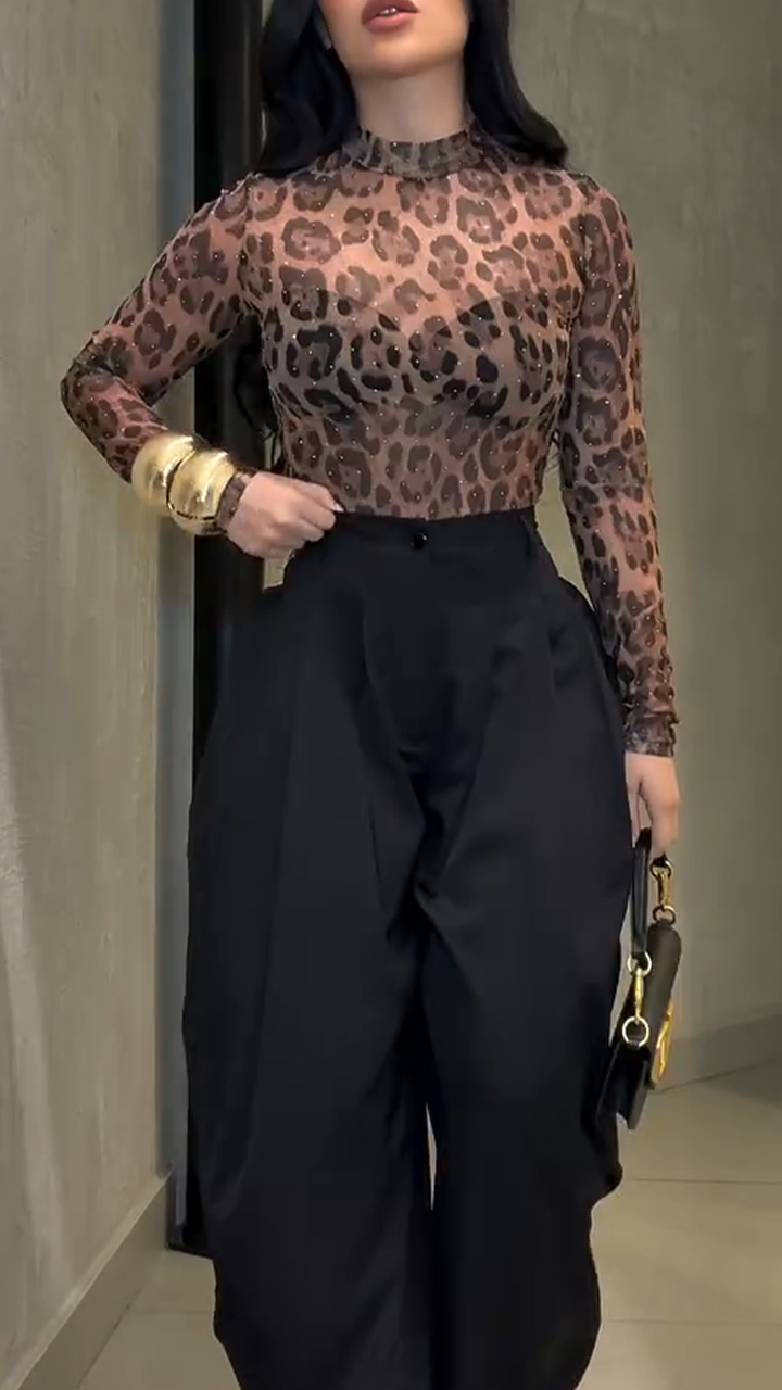 Women Round Neck Printed Top + Pants Temperament Casual Suit