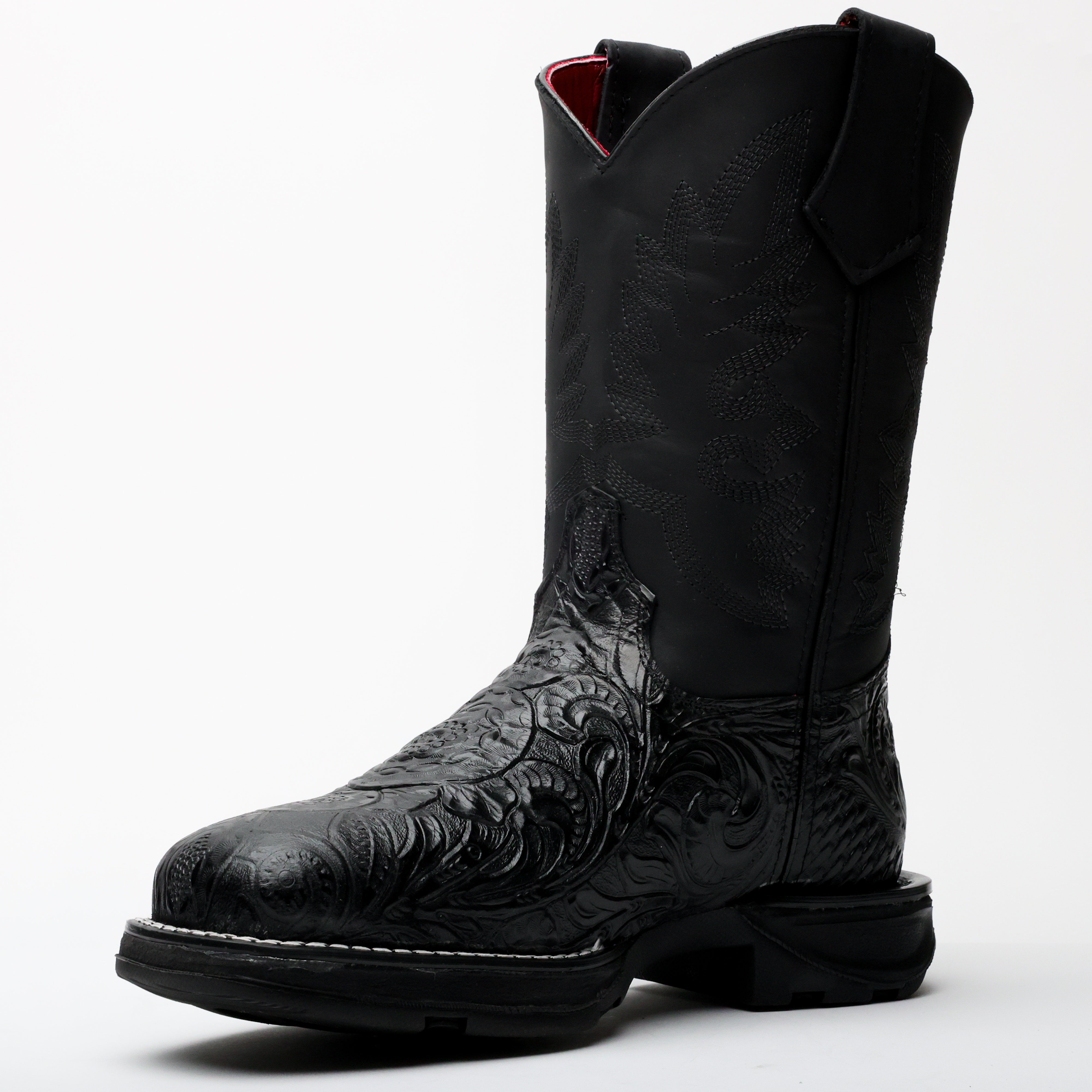Black Hand-Tooled Leather Boots With 3D Lightweight Sole - Composite Toe