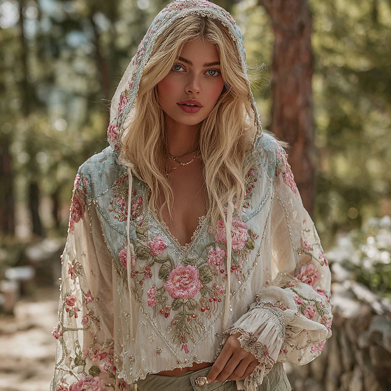 Women's Vintage Floral V-neck Hoodie