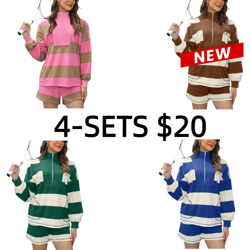 Women's Lounge Set 2 Piece Striped Long Sleeve Quarter Zip & Short Sleeve T Shirt and Shorts for Summer & Autumn Casual Workout Tracksuit