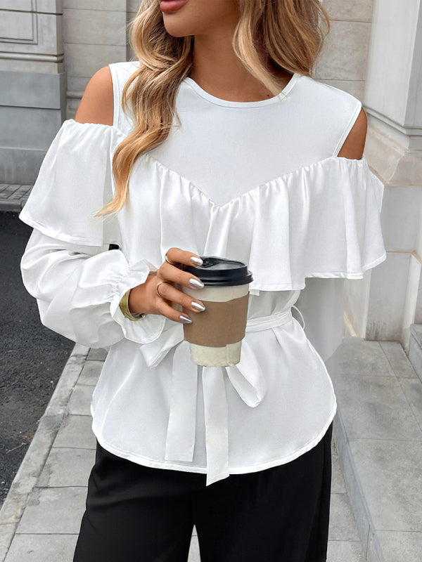 New elegant long-sleeved ruffled off-shoulder tie round neck shirt