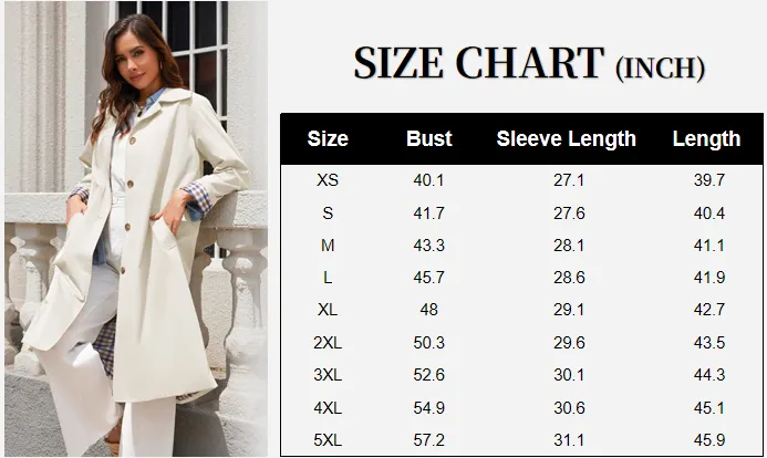 Womens Long Trench Coat Single Breasted Windproof Overcoat
