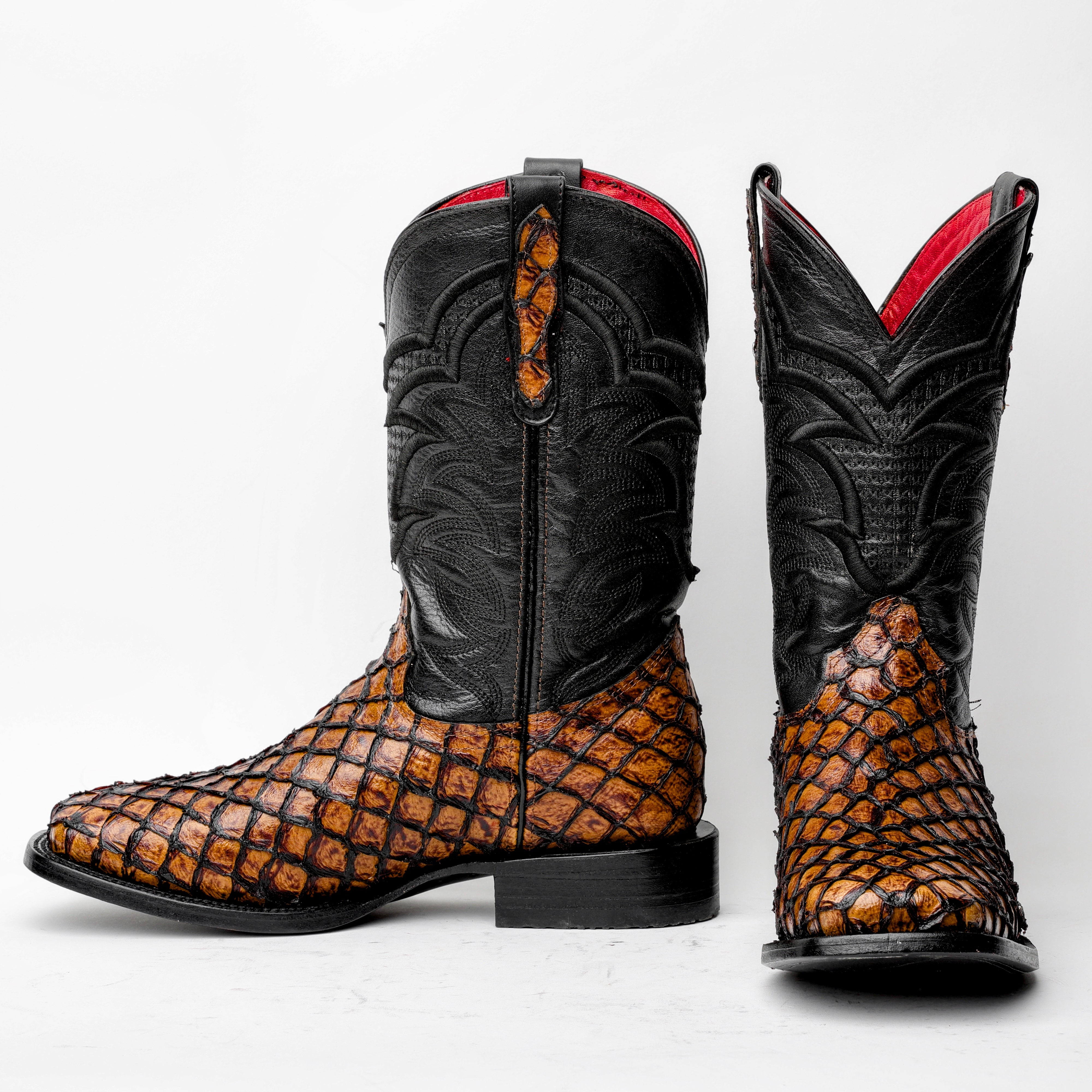 Honey Cognac Mini Pirarucu Leather Boots - Square Toe