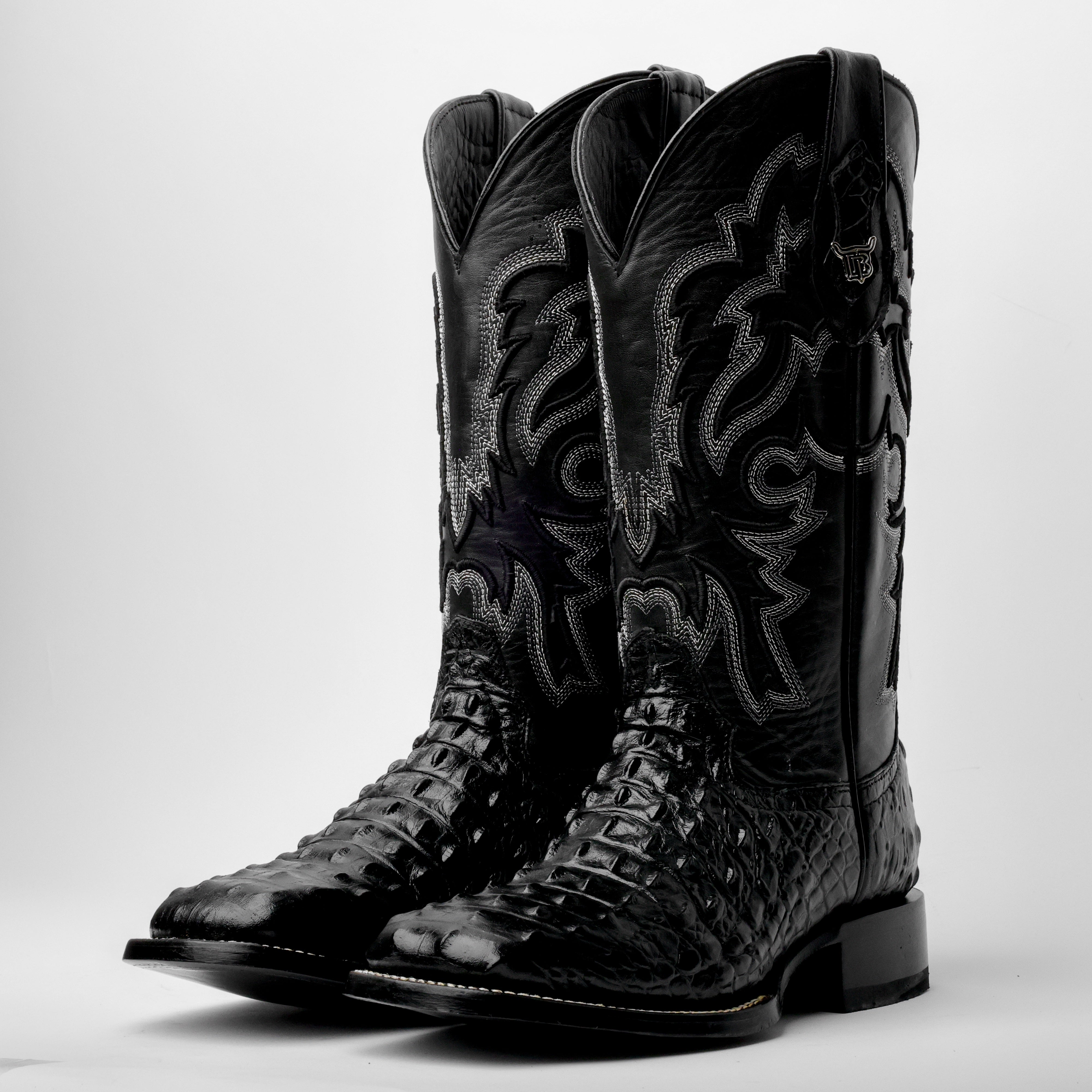 Black Caiman Hornback Leather Boots - Square Toe