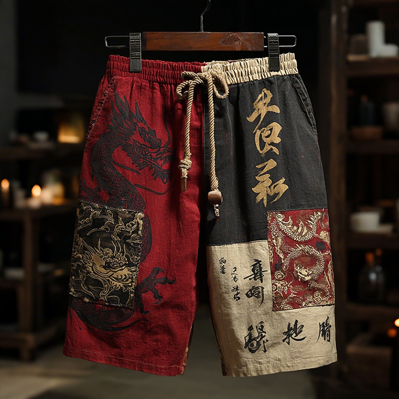 Men's Japanese Dragon Color Block Art Linen Casual Shorts