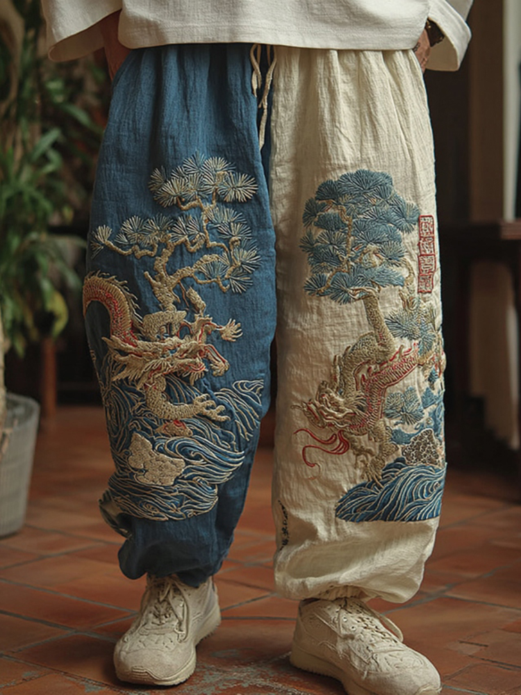 Men's Japanese Dragon Art Contrast Linen Pants