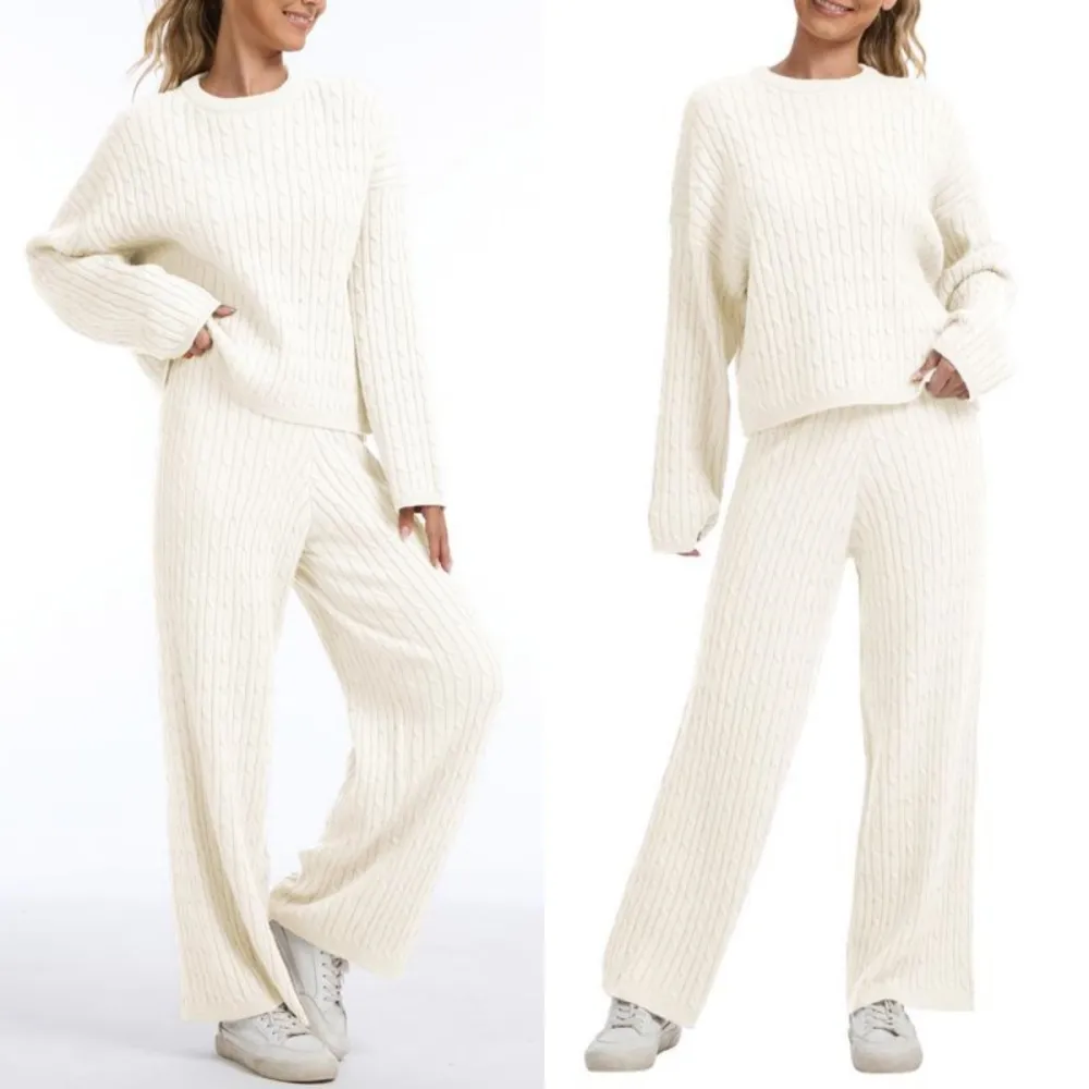 Women's Cable Knit Lounge Set - Long Sleeve Pullover & Wide Leg Pants
