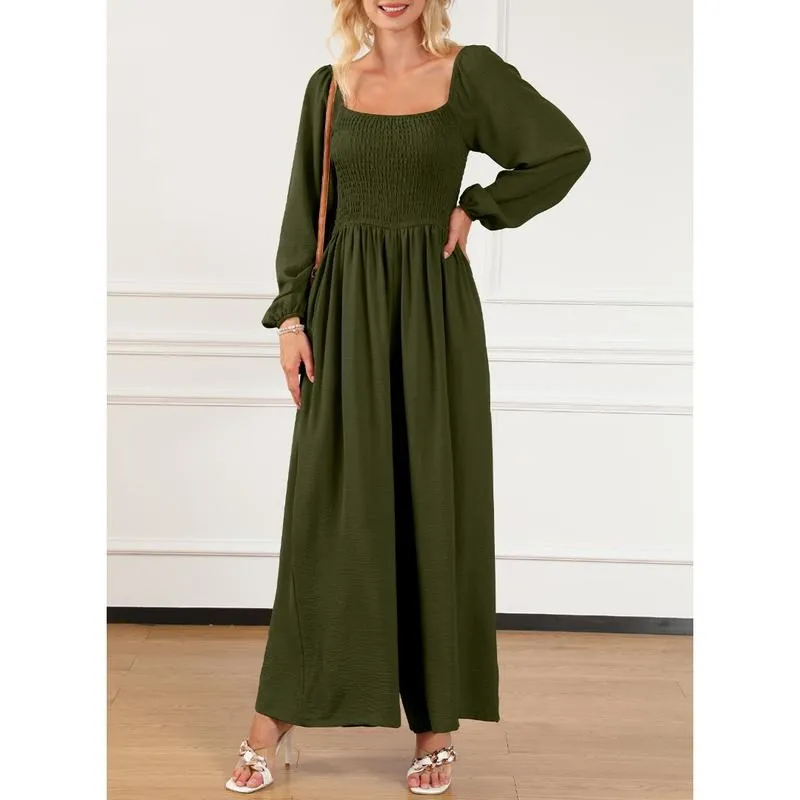 Women's Casual Loose Overalls Jumpsuits One Piece Long Sleeve Wide Leg Long Pant Rompers With Pockets