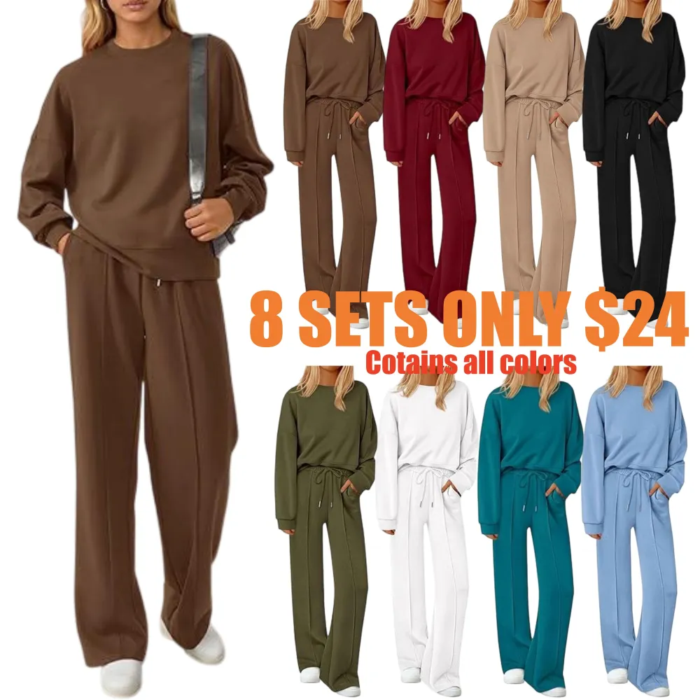 Women Fall Trendy Long Sleeve Sweatshirt Wide Leg Pants