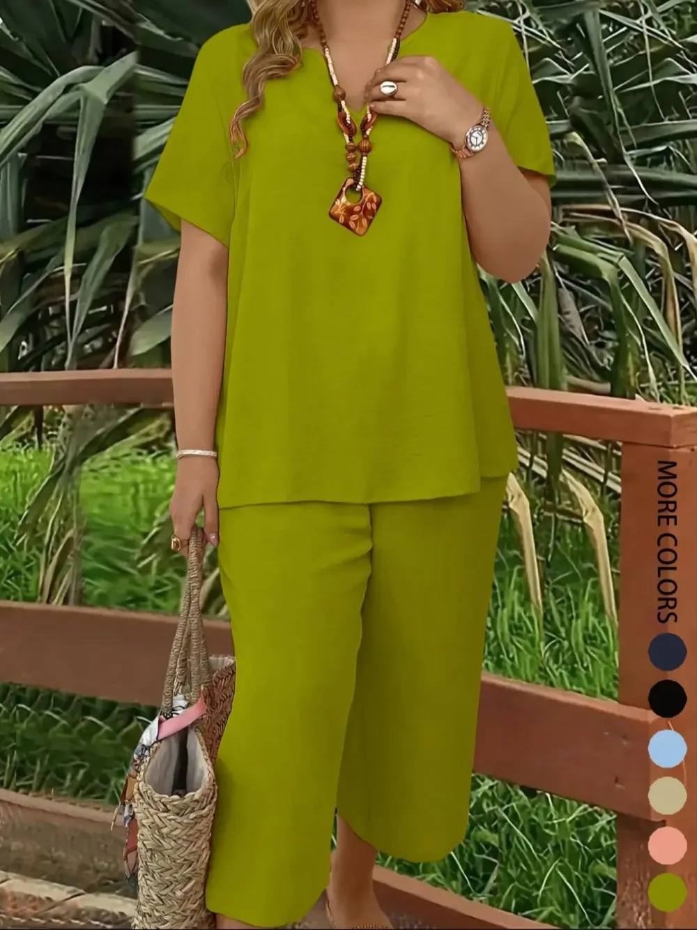 Women's Solid Color Short Sleeve Fashion Top & Casual Wide Leg Pants Set, Summer, Comfortable & Stylish