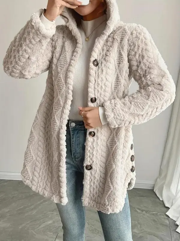 Women's Fall Winter Warm Fashion Jacquard Hooded Cardigan Long Sleeve Coat