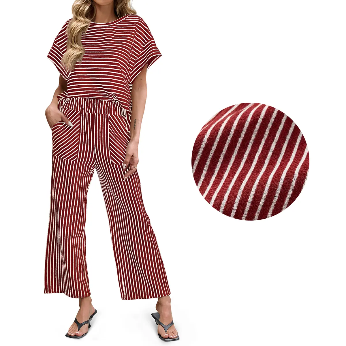 Womens Striped 2 Piece Sets Short Sleeve T Shirts Wide Leg Pants Matching Lounge Set with Pockets