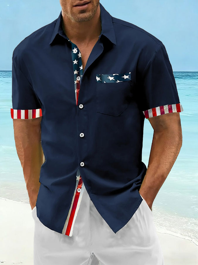 Men's Hawaii Vacation US Independence Day Celebration Printed Short Sleeve Shirt (Pocket included)