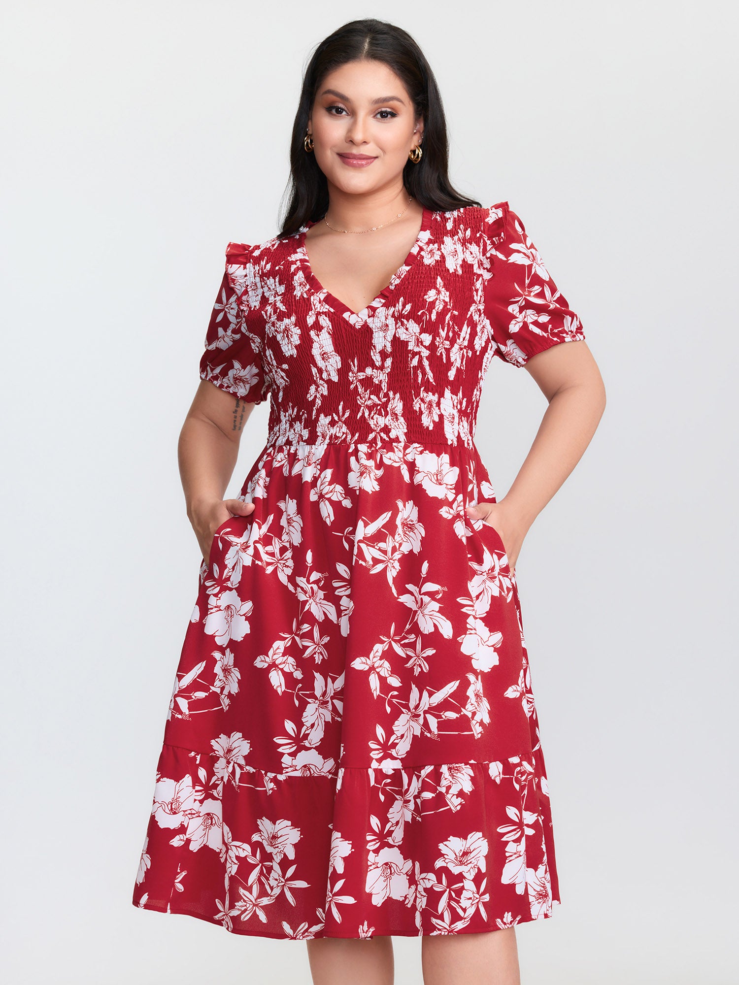 Floral Print Shirred Front Flutter Sleeve Mini Dress
