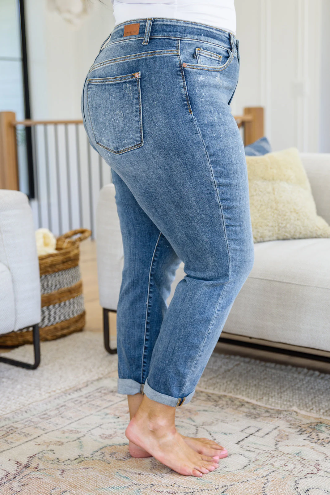 Hi Rise Bleach Splash Boyfriend Jeans