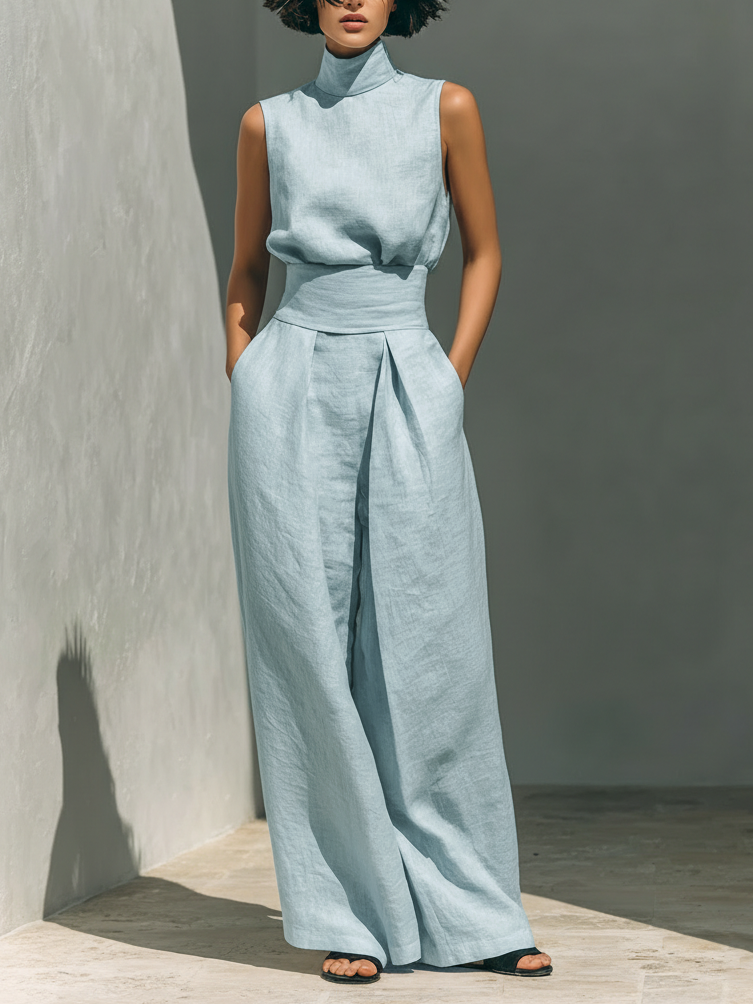 Elegant stand-collar shirt and wide-leg pants two-piece set
