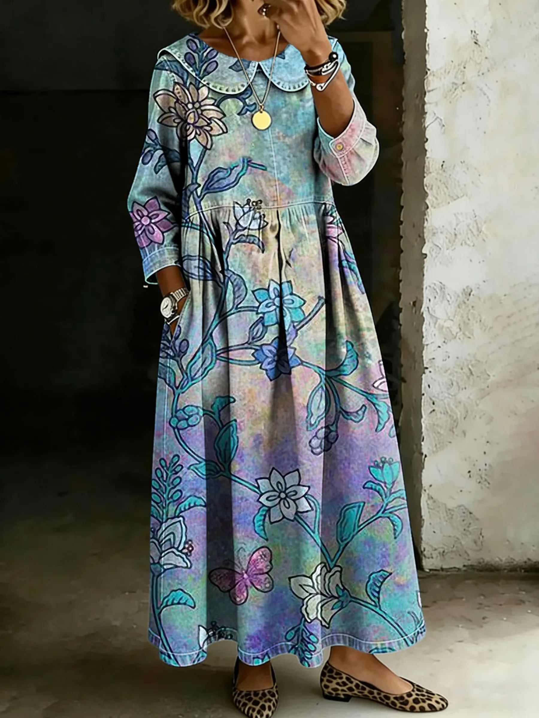 Women's Retro Ethnic Floral Splicing Long-sleeved Loose-fitting Casual Denim Dress