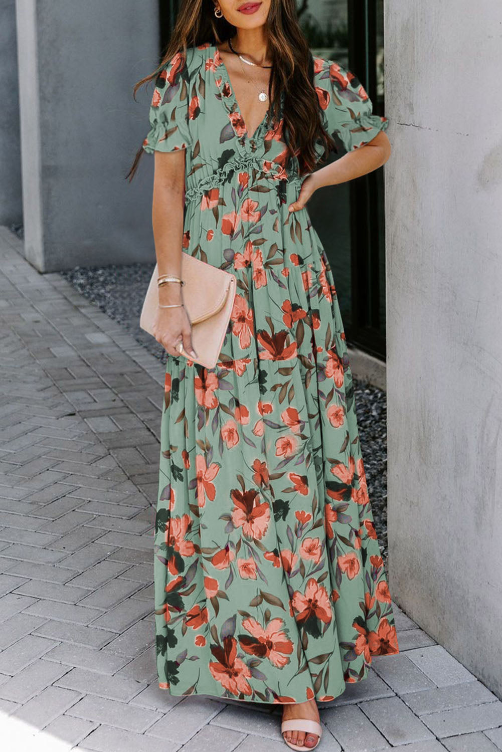 Green Fiery Floral Print Frilled V Neck Short Sleeve Maxi Dress