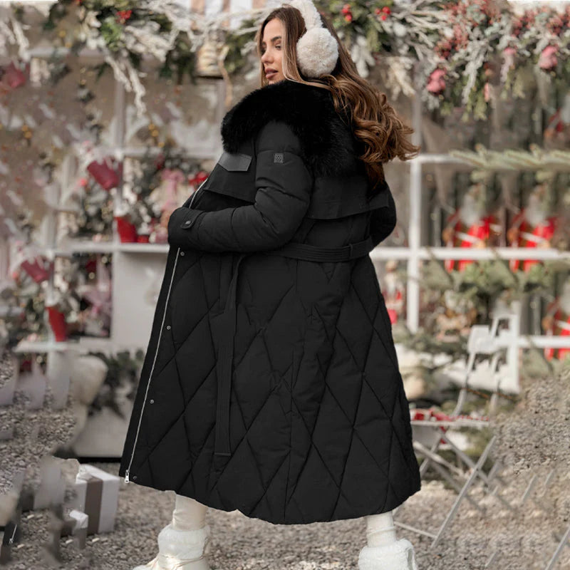 Women's Long Quilted Coat with Fur Collar