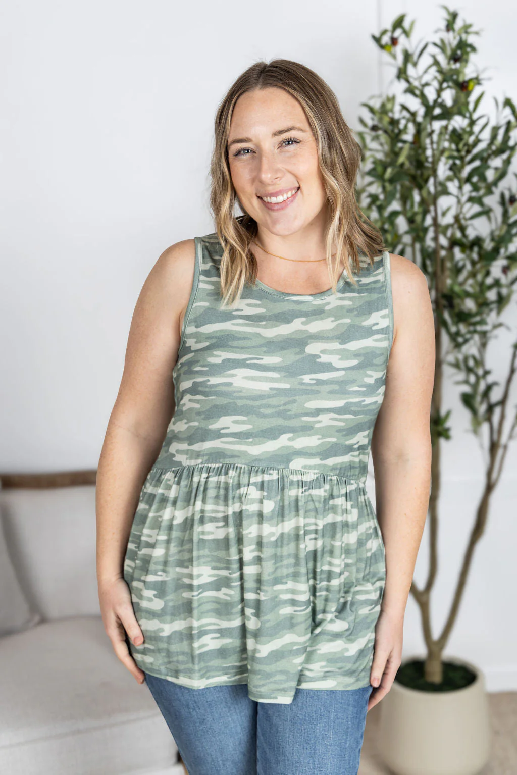 Renee Ruffle Tank Top in Camo