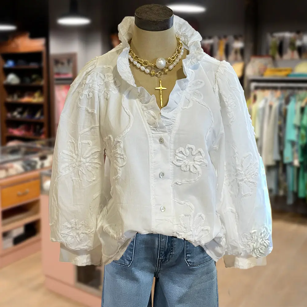 Cherrybetty 100%Cotton Elegant Embroidered Flower Ruffle Neck Puff Sleeve Cotton Top Women Casual Style Vintage Blouse Cute Fall Outfits for Womenswear