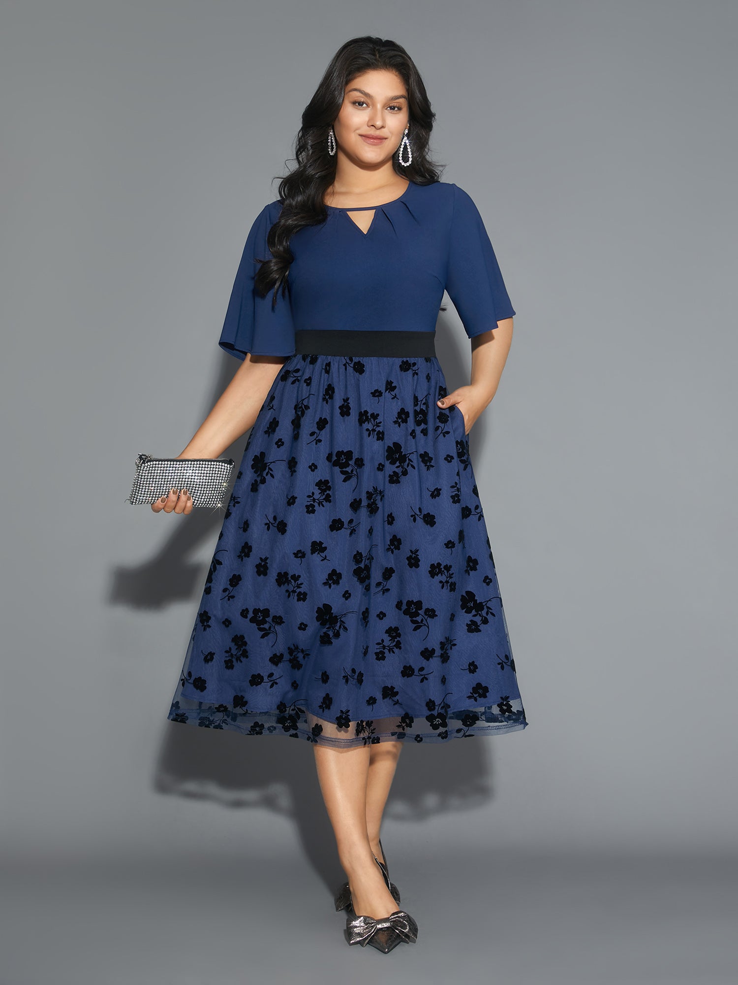 Floral Embroidered Mesh keyhole Dress