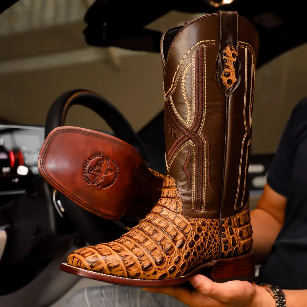 Honey Caiman Hornback Leather Boots - Square Toe