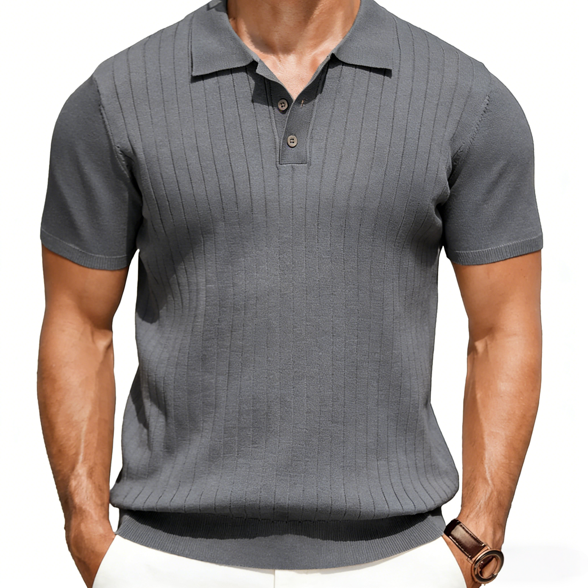 Men's Knit Polo Shirts Short Sleeve Ribbed Knitted Shirt