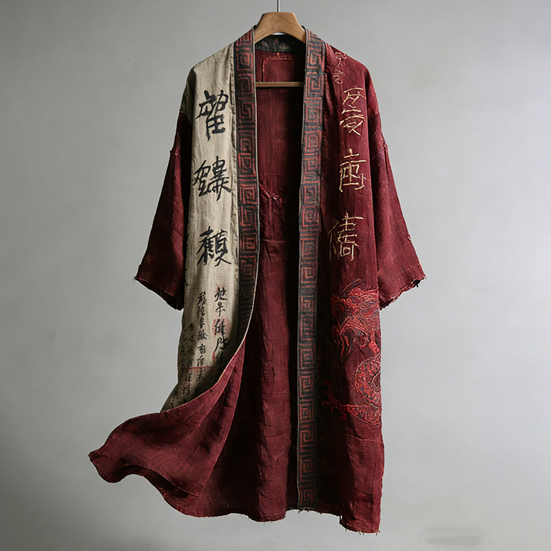 Men's Japanese Dragon Pattern Calligraphy And Painting Art Linen Long Kimono