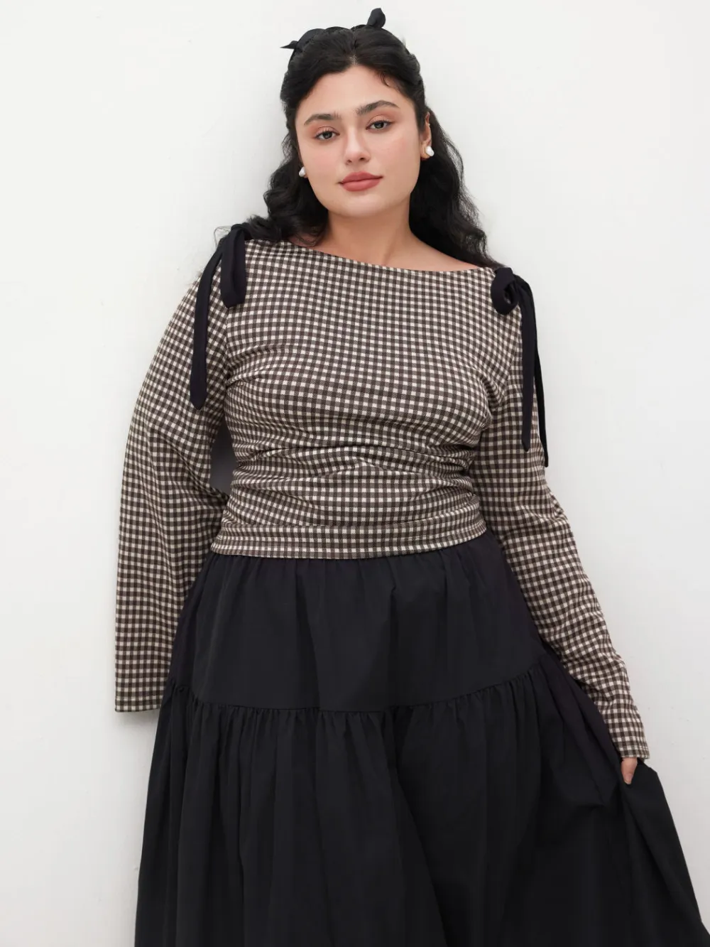 Boat Neck Gingham Bowknot Ruched Long Sleeve Top