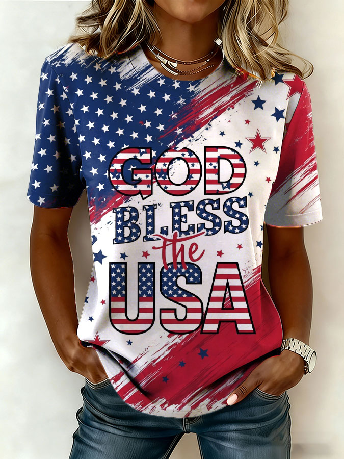 Women'S Retro American Independence Day Commemorative Printed Round Neck Short Sleeved T-Shirt