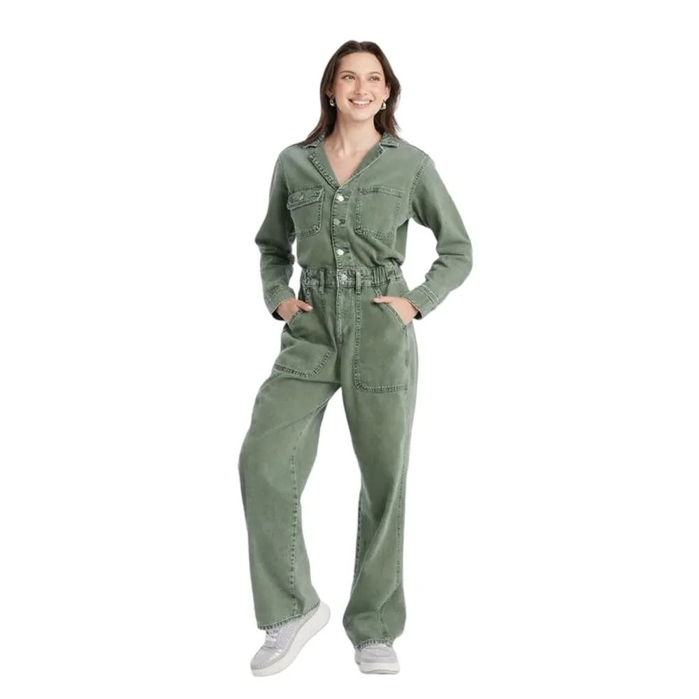 Women's Long-Sleeve Baggy Utility Denim Jumpsuit
