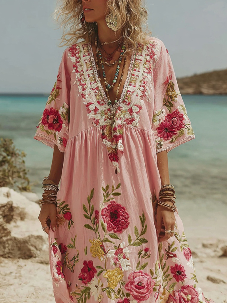 Women's Pink Rose Embroidery V-neck Short Sleeve Linen Blend Midi Dress