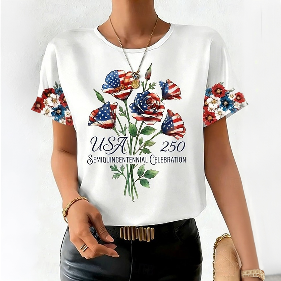 Ladies' Casual American Celebration Floral Print Round Neck T-Shirt