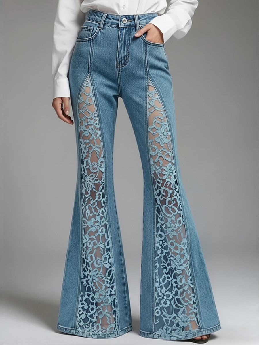 Patchwork Lace Flared Jeans