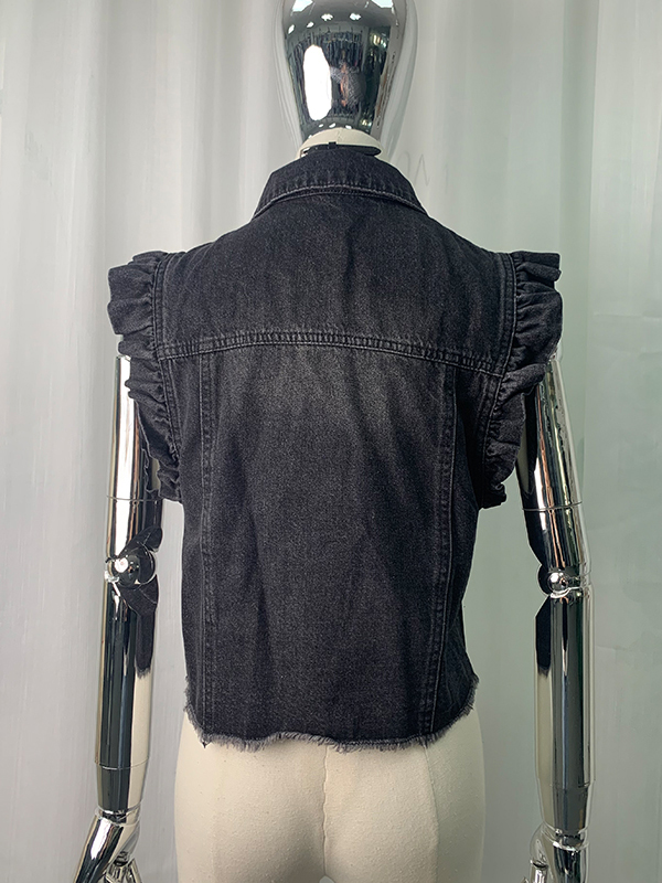 Buttoned Fringed Pockets Split-Joint Loose Ruffle Sleeves Lapel Vest Outerwear