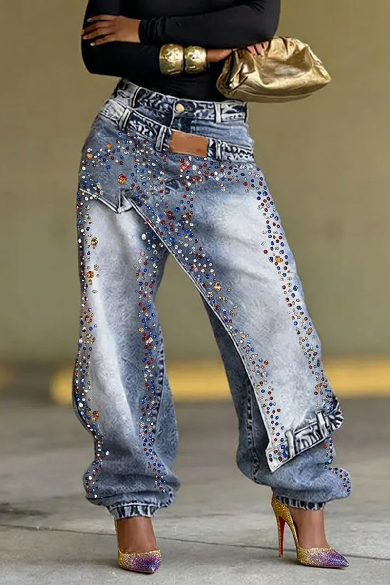 Women's Colored Gemstone Faux Two-Piece Loose Jeans