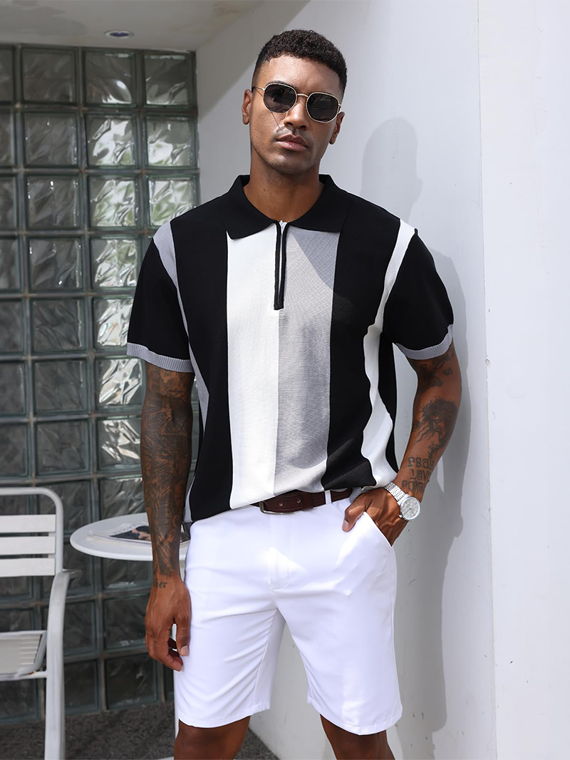 Men's Fashion Polo Shirts Vintage Striped Knitting Shirts Casual Slim Fit Golf Shirts